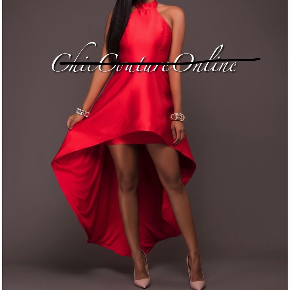 Amrose Red High-Shine High-Low Dress